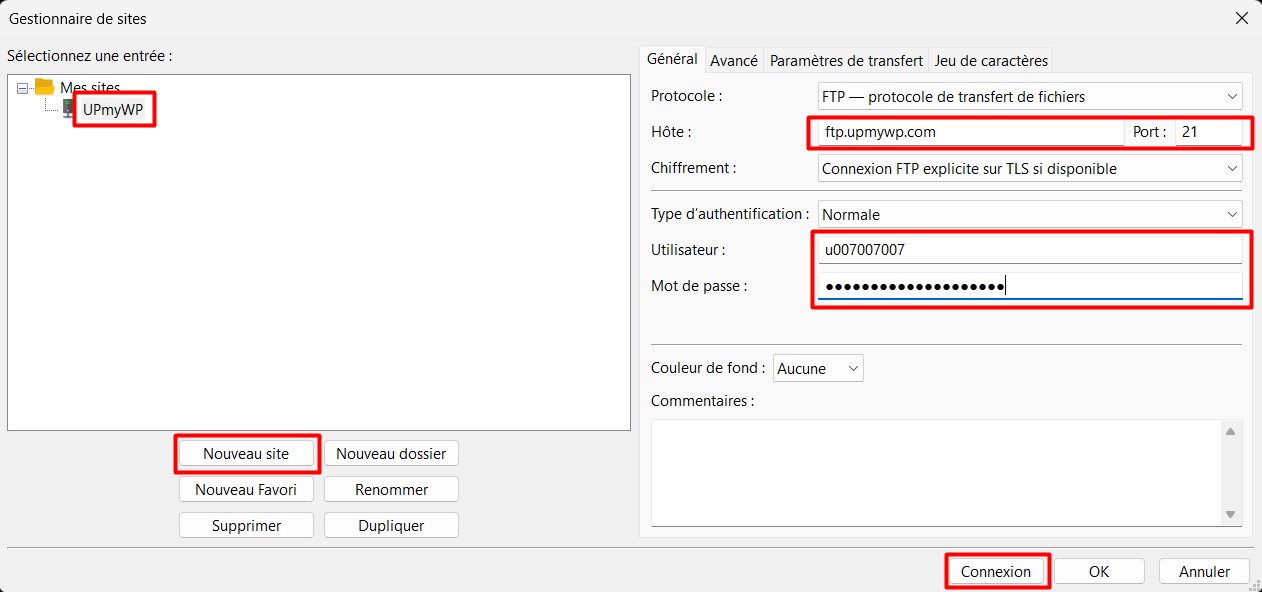 Gestionnaires de sites dans FileZilla